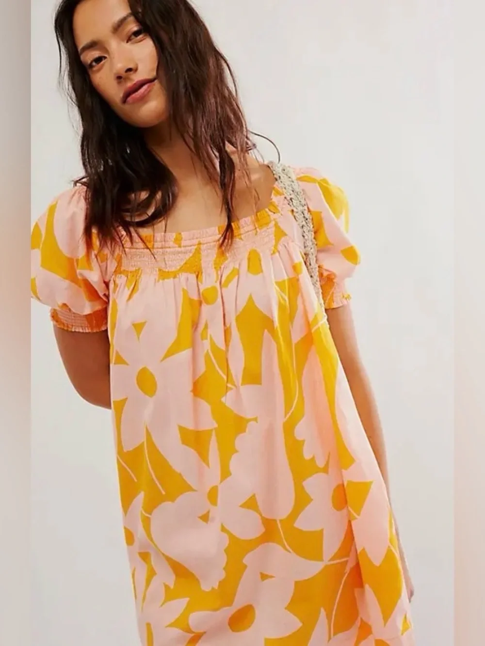Free People Cotton Puff Sleeve Mila Printed Mini Dress Tangerine Combo Size XS